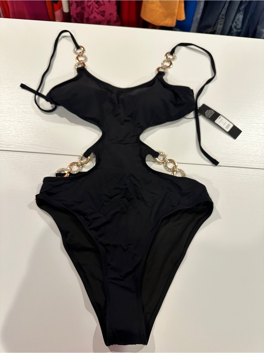Fashion Nova Black Cutout One-Piece Swimsuit with Gold Ring Details
